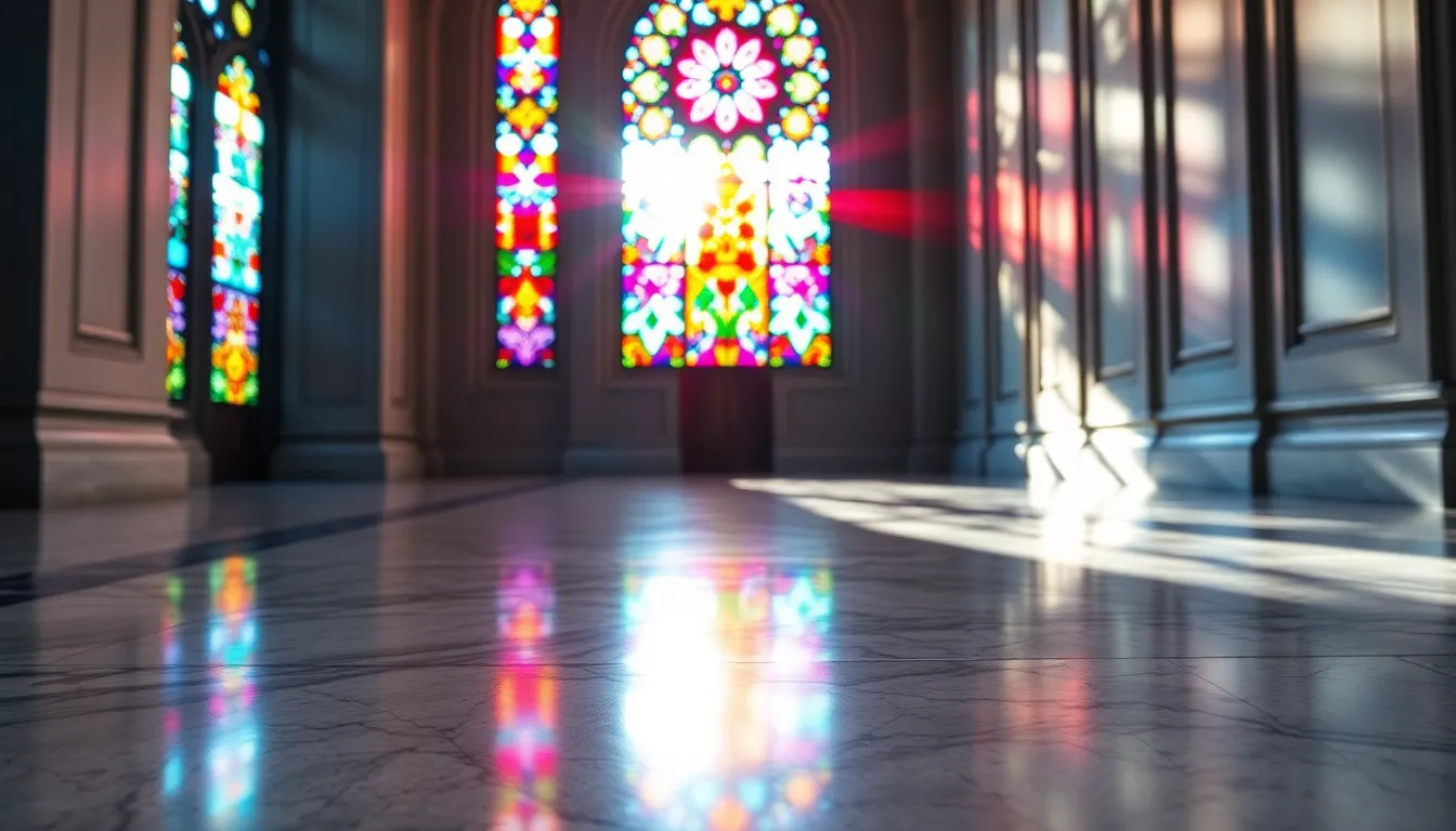 This image captures the stunning effect of sunlight streaming through a stained glass window, illuminating a marble floor with vibrant colors. The interplay of light creates a dynamic atmosphere, showcasing the intricate details of the window and the rich texture of the marble. The soft blur in the background enhances the focus on the colorful reflections, inviting viewers to explore the scene's depth and serenity. The overall composition emphasizes the elegance of the light effects, making this a captivating visual.