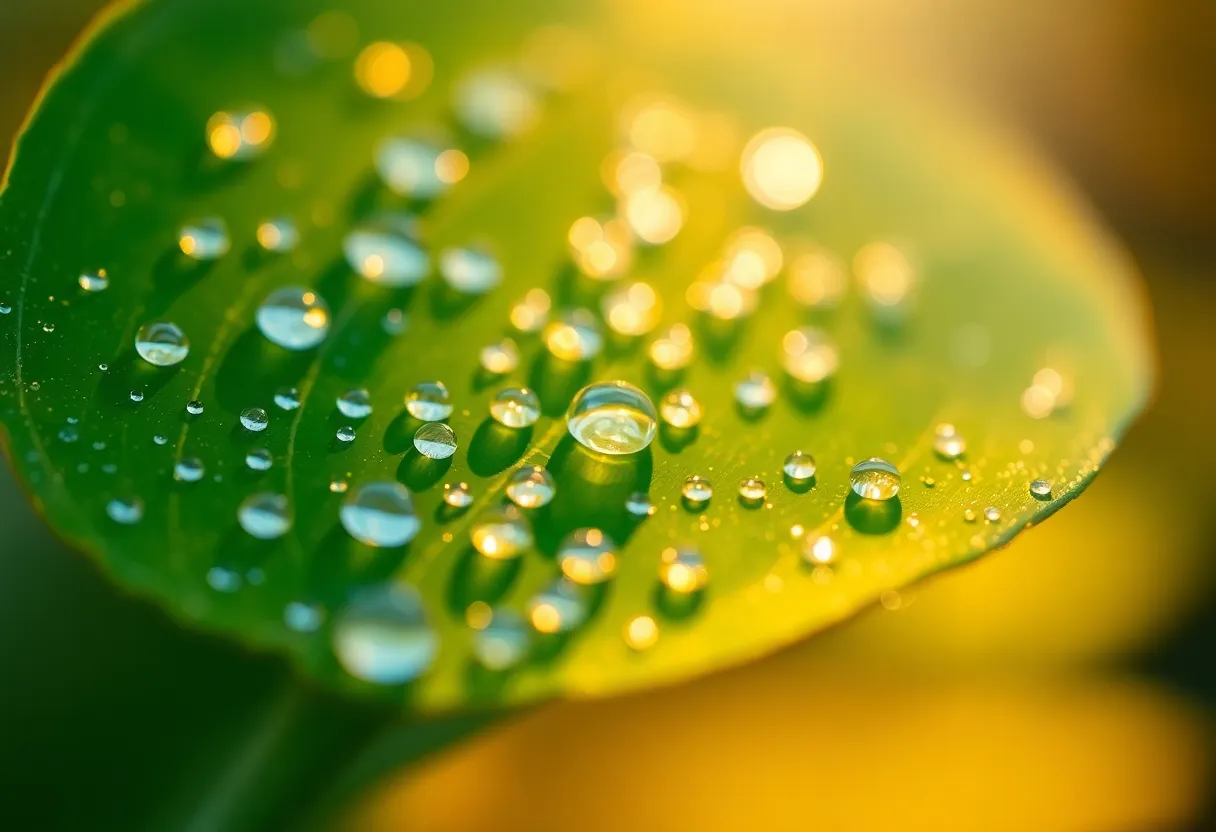 An intimate macro shot capturing the beauty of shimmering water droplets resting on a leaf. Bathed in the soft golden hour light, the droplets sparkle like tiny jewels, creating an enchanting light effect. The shallow depth of field draws attention to the intricate textures of the leaf while providing a dreamy, blurred background. This image radiates tranquility, showcasing the harmonious blend of natural elements and light, making it a perfect representation of nature's elegance.