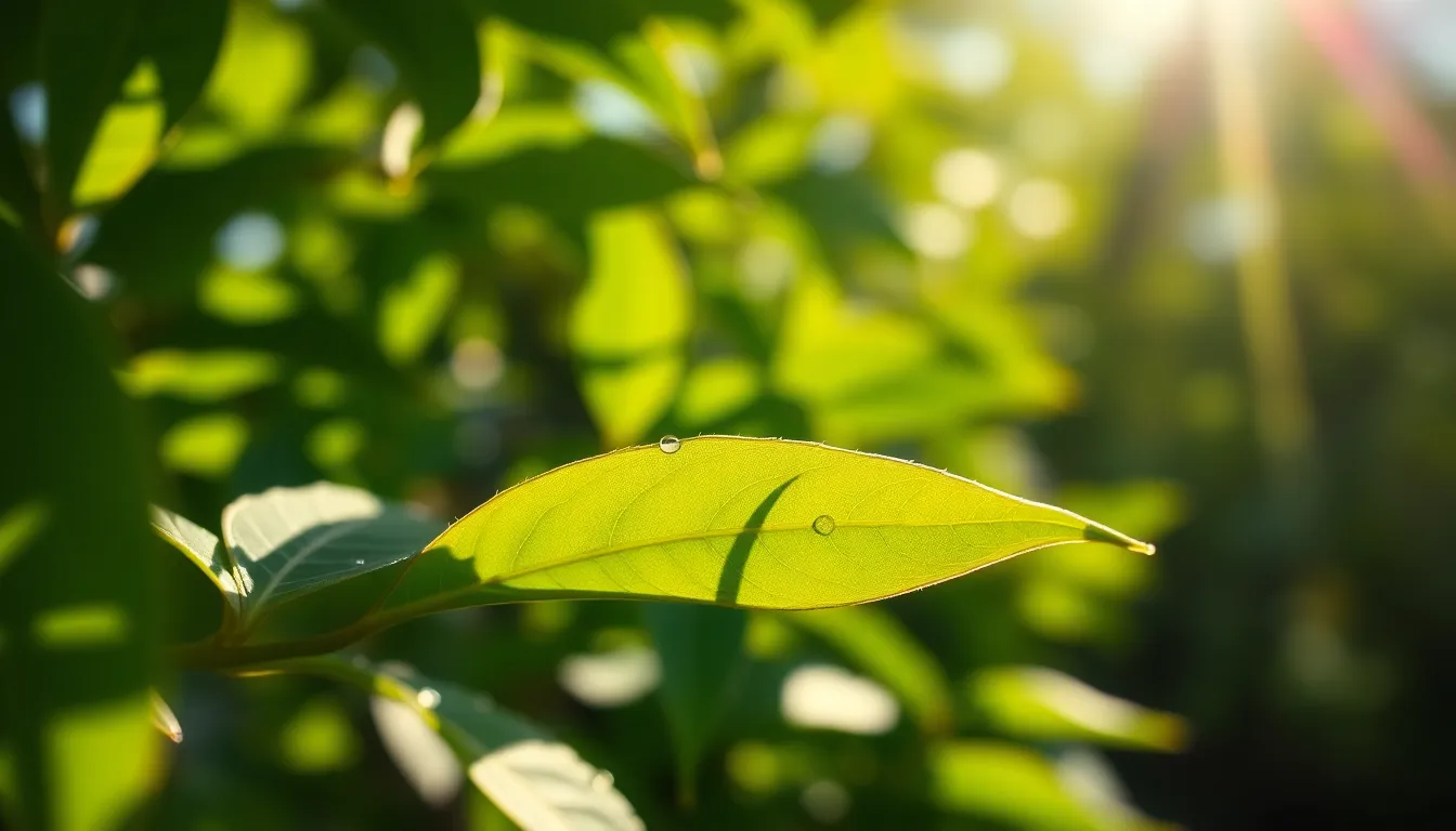 Dappled Light on Leaves with Dew Drops