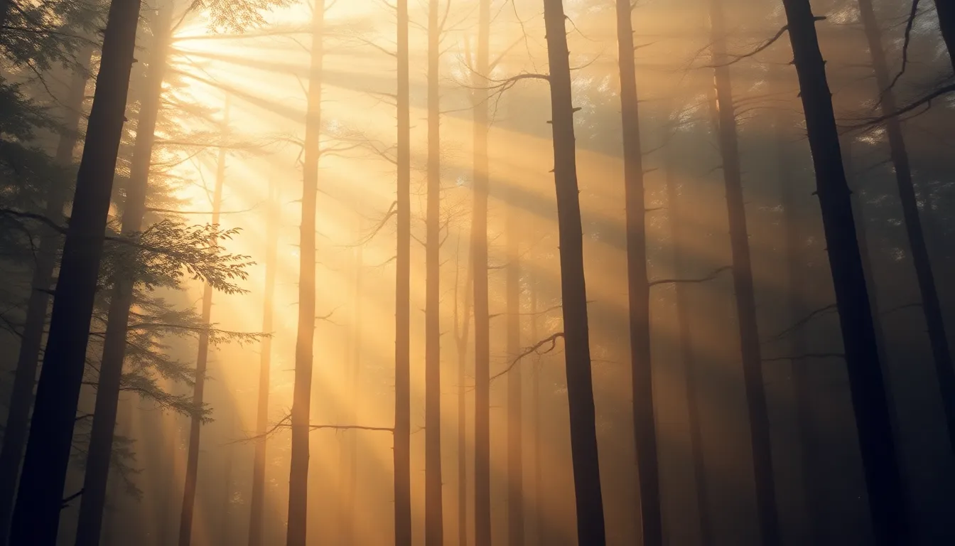 A serene and magical depiction of sunlight filtering through fog in a dense forest. The warm light beams create an ethereal quality, illuminating the scene with clarity and a dreamlike atmosphere. The shallow depth of field highlights the beams while softly blurring the surrounding trees, enhancing the depth of the environment. The natural muted tones evoke a tranquil mood, inviting viewers to experience the enchantment of nature's light effects.