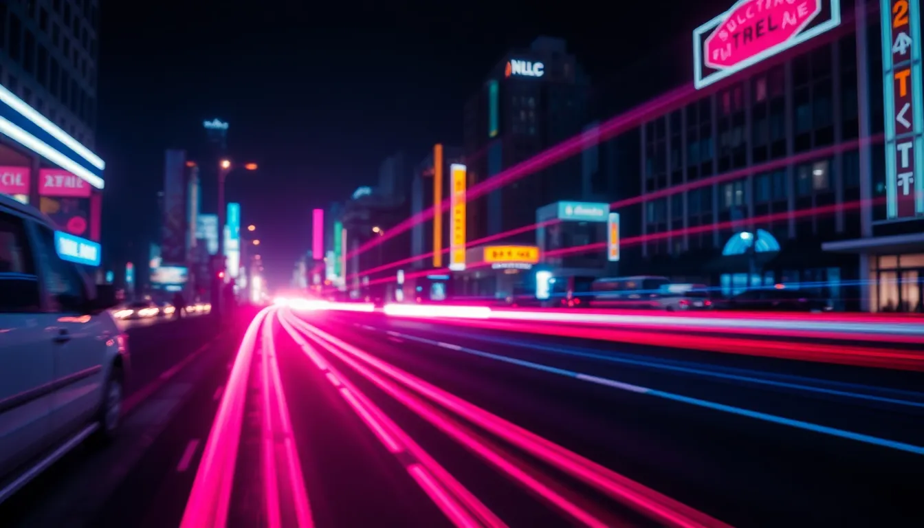 Vibrant Neon Reflections on Wet Pavement