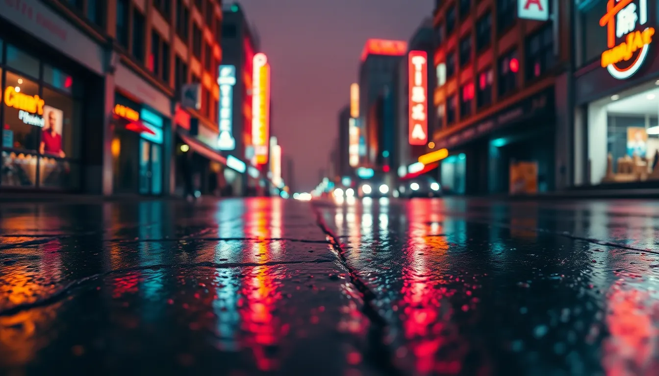 Neon Reflections in Rainy City