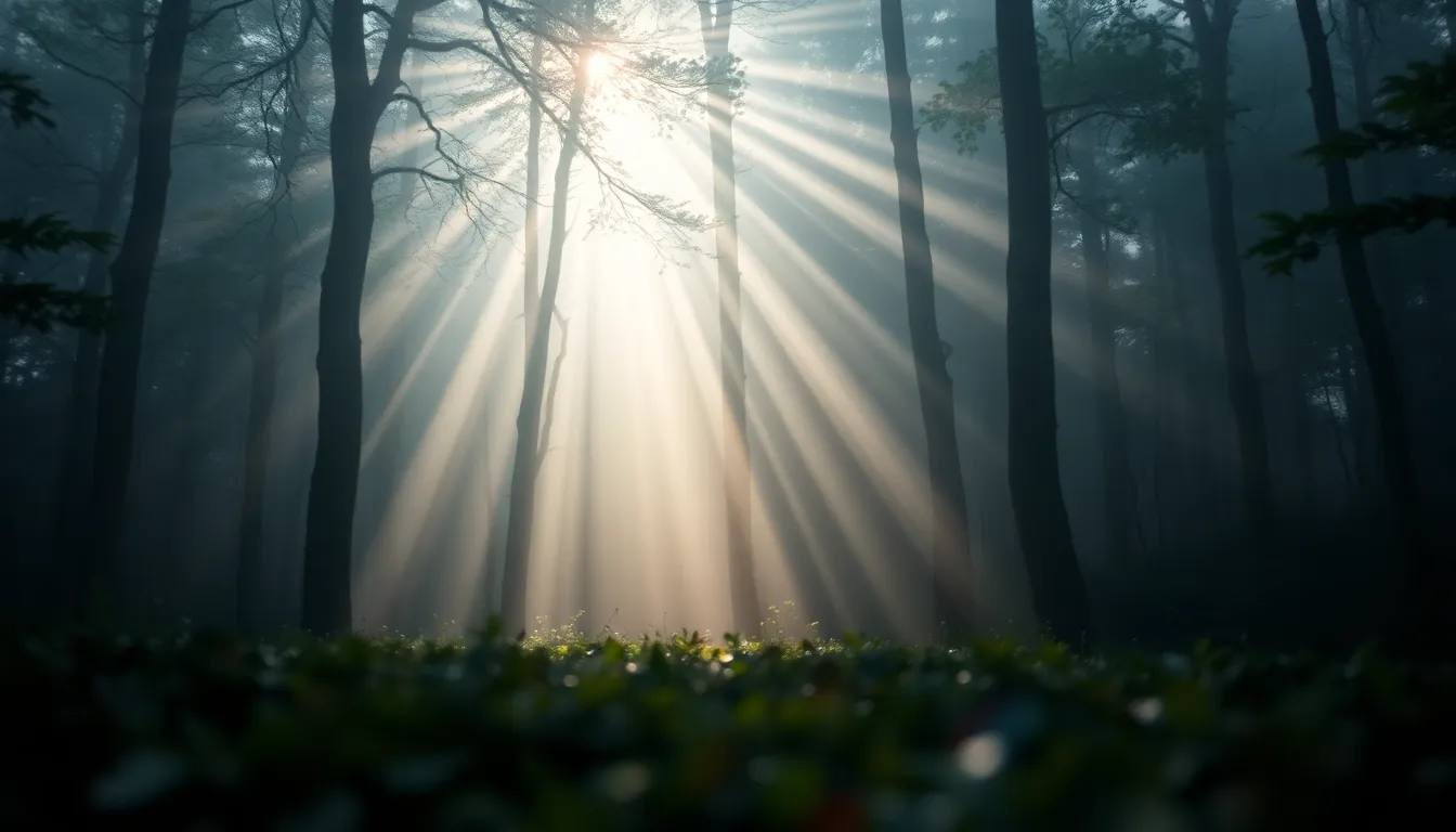An enchanting scene in a foggy forest, this image captures ethereal light rays breaking through the mist. The soft, diffused sunlight creates a serene atmosphere, with muted green and brown tones reflecting the natural surroundings. The shallow depth of field adds a dreamlike quality, while the composition highlights the light source off-center, enhancing the scene's depth. Textures of the forest floor are beautifully rendered, inviting the viewer to step into this magical environment.