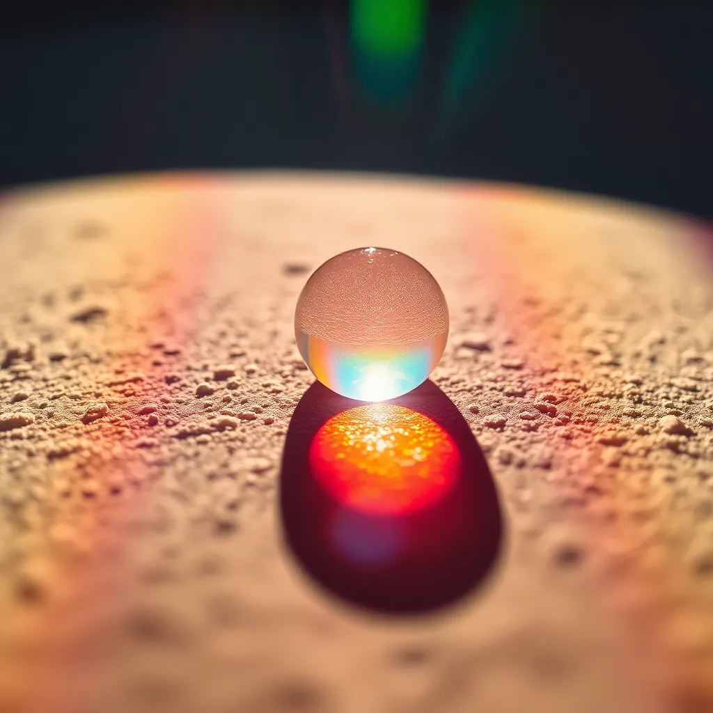 Sunlight Refraction Through a Prism This stunning macro image beautifully illustrates the effect of sunlight refracting through a prism, casting a vivid spectrum of colors onto a textured surface. The natural lighting highlights the vibrant hues, enhancing the overall visual impact. Shallow depth of field isolates the prism, drawing focus to the captivating refractions. Inspired by Kodak Portra 400, the warm tones and creamy highlights further enrich the scene. The centered composition allows the colorful display to take center stage, inviting viewers to appreciate the interplay of light.