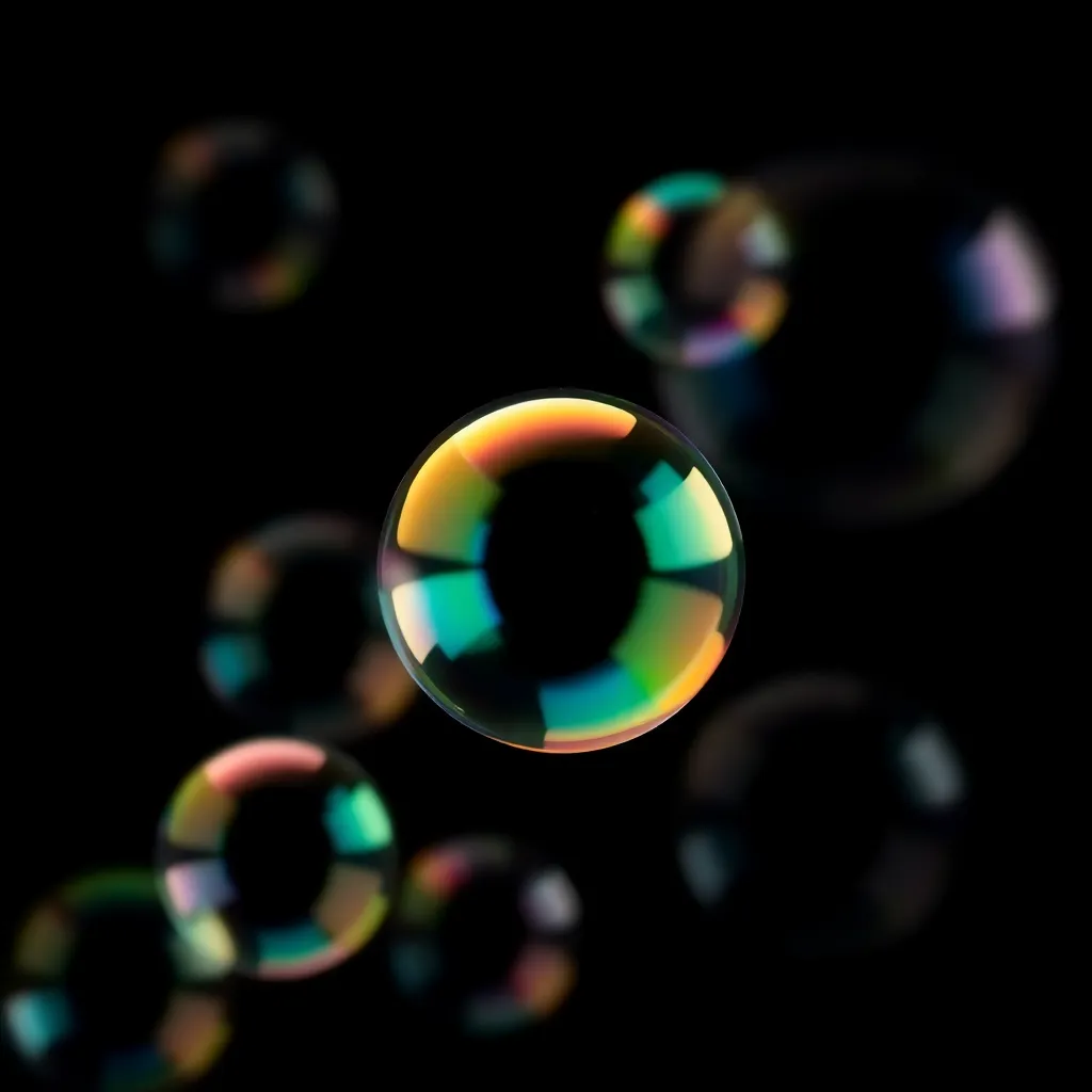This stunning close-up image captures iridescent soap bubbles reflecting a beautiful spectrum of colors against a dark background. The soft lighting highlights the delicate nature of the bubbles while creating mesmerizing reflections. A shallow depth of field isolates the bubbles, enhancing their colorful textures with creamy bokeh. The centered symmetrical composition emphasizes the ephemeral beauty of the bubbles, making it a captivating abstract piece.