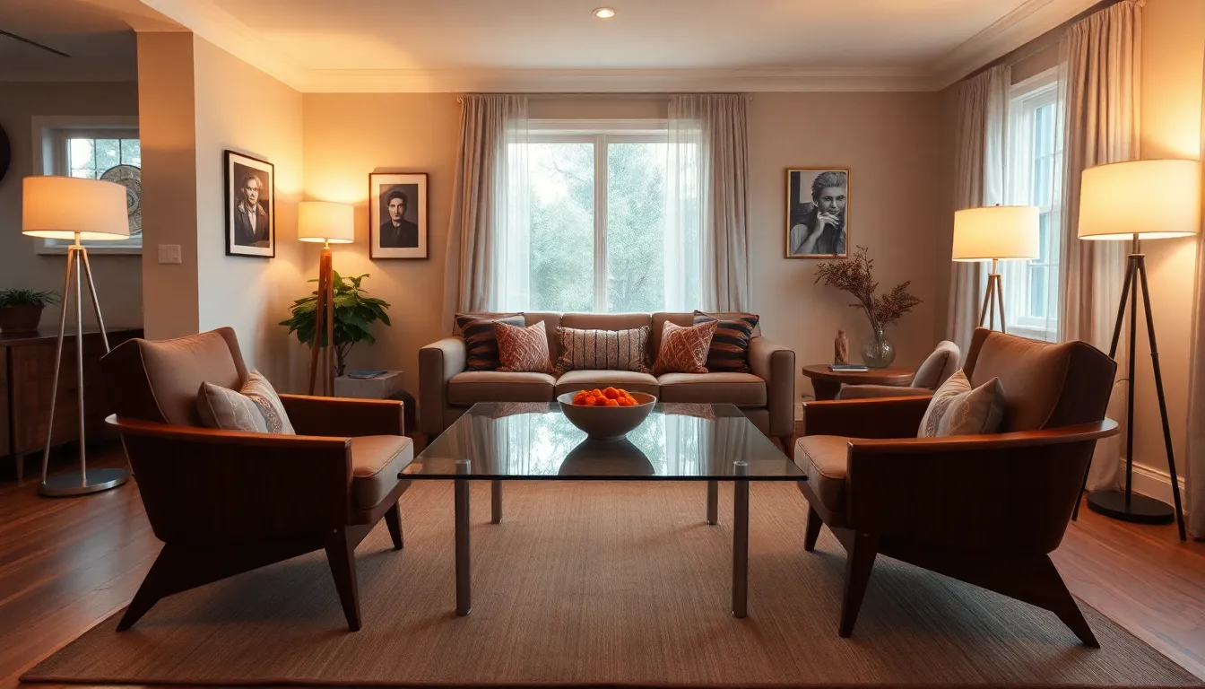 Experience a modern living room filled with warmth, created by tungsten floor lamps. This inviting space features a sleek glass coffee table and mid-century chairs that highlight rich wood tones. The balanced, symmetrical layout is complemented by captivating artwork on the walls, creating an atmosphere of comfort and style perfect for relaxation or entertaining guests.