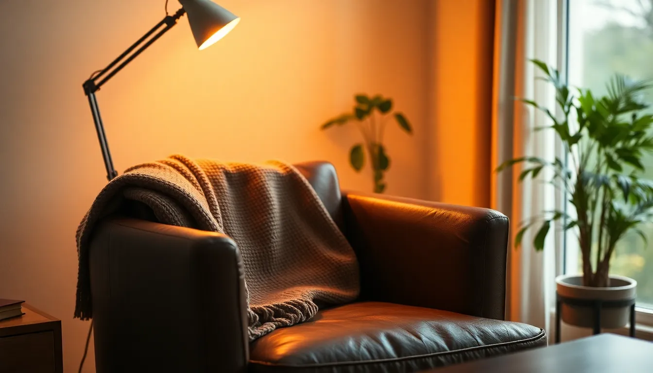 This inviting living room scene features a stylish armchair adorned with a soft, woolen throw, basking in the warm glow of a tungsten desk lamp. The muted earthy tones create a calming atmosphere, highlighted by the presence of a lush potted plant in the background. The composition captures the essence of coziness, with the armchair positioned thoughtfully in the frame, allowing the viewer to feel at home. Textures, like the brushed leather and soft wool, invite you to touch and experience the serenity of the space.