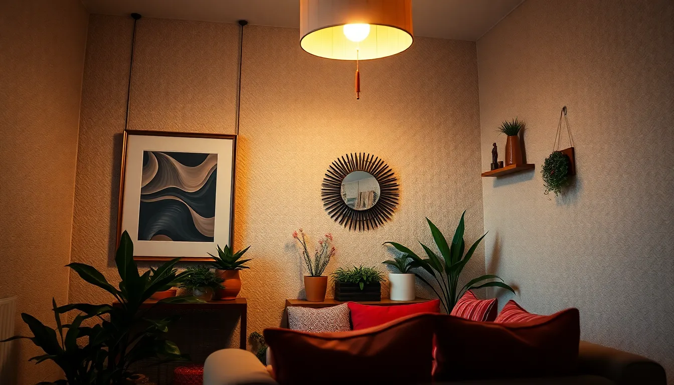 This image highlights a beautifully styled corner of a living room, showcasing rich textures and vibrant decor. Warm tungsten lighting bathes the space, enhancing the colors of the framed artwork and lush potted plants. The shallow depth of field isolates these details, drawing attention to the inviting atmosphere that combines comfort and style in an aesthetically pleasing setting.