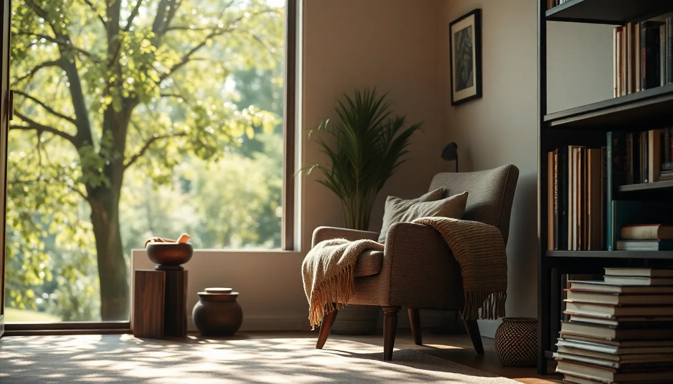 Nestled in a bright living room, this charming reading nook invites relaxation. Dappled sunlight filters through the tree canopy outside, casting playful highlights across the space. The well-arranged books on the shelf and the vintage armchair, layered with a woven throw blanket, create a welcoming atmosphere that beckons readers. The composition uses leading lines to guide the viewer's attention, while the muted color palette evokes a feeling of calm and comfort, perfect for unwinding with a good book.