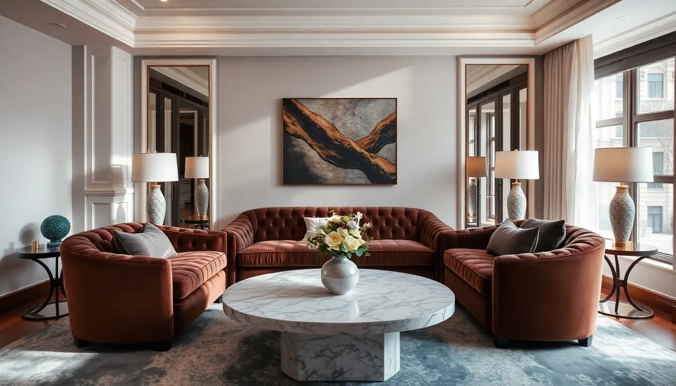 This chic living room presents a luxurious atmosphere with rich velvet furniture and a stunning marble coffee table. Butterfly lighting from above creates gentle highlights that enhance the textures of the velvet, while the color palette of jewel tones against soft whites elevates the space's elegance. The centered symmetrical composition draws the eye to the lavish decor, making it an inviting setting for both relaxation and social gatherings.