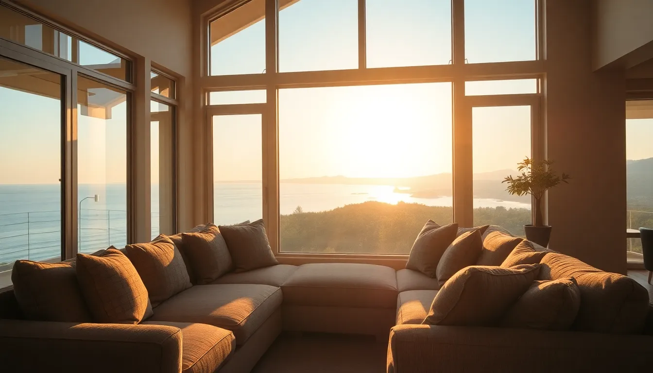 This image features a chic living room bathed in the warm glow of golden hour. A stylish sectional sofa layered with textured cushions serves as the centerpiece, highlighted by warm rim lighting. With large windows showcasing a beautiful outdoor view, the composition creates a serene ambiance, perfect for relaxation and enjoyment in a beautifully designed space.