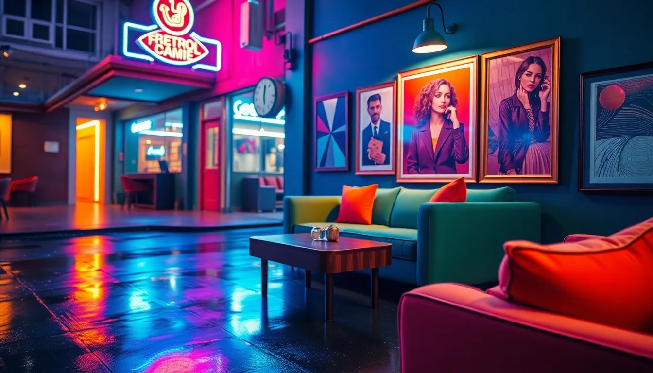 This urban living room bursts with personality, featuring a vibrant sectional sofa complemented by eclectic artwork on the walls. Warm tungsten light mingles with cool neon reflections, creating a stunning contrast that enhances the rich textures of the fabric and glossy art pieces. The cinematic color grading adds depth and drama to the scene, while the dynamic composition guides the viewer's eye across the space. This lively atmosphere embodies the spirit of urban living, making it a perfect backdrop for creativity and inspiration.