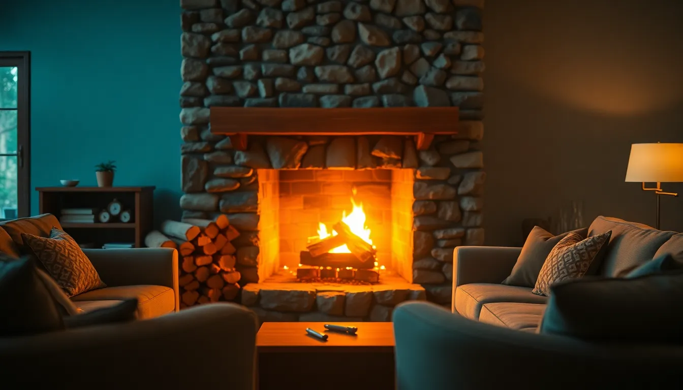 This image beautifully captures a warm living room centered around a rustic stone fireplace. The inviting glow of the firelight flickers, casting soft shadows and creating a cozy atmosphere. Comfortable seating is arranged in a circle, fostering intimacy and warmth. The cinematic teal and orange color palette enhances the homey feel, making it perfect for family gatherings or quiet evenings.