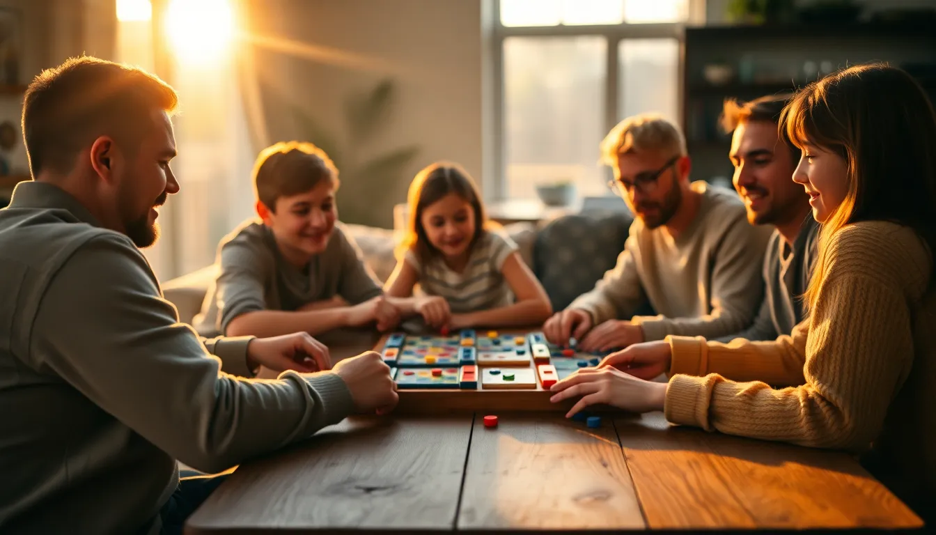 As golden hour light spills into the living room, a family joyfully engages in a board game, illuminated by warm rim lighting that creates a cozy atmosphere. The selective focus captures their laughter and excitement, while the background fades into a soft, artistic bokeh. The rustic wooden coffee table adds a comforting touch, with its natural grain visible in the warm light. This scene encapsulates warmth, connection, and the beauty of family moments shared in an inviting space.