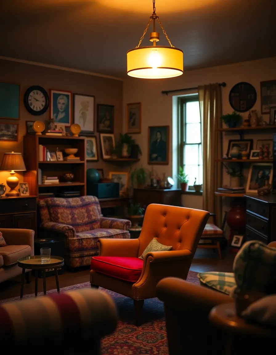 Eclectic Vintage Living Room with Warm Lighting