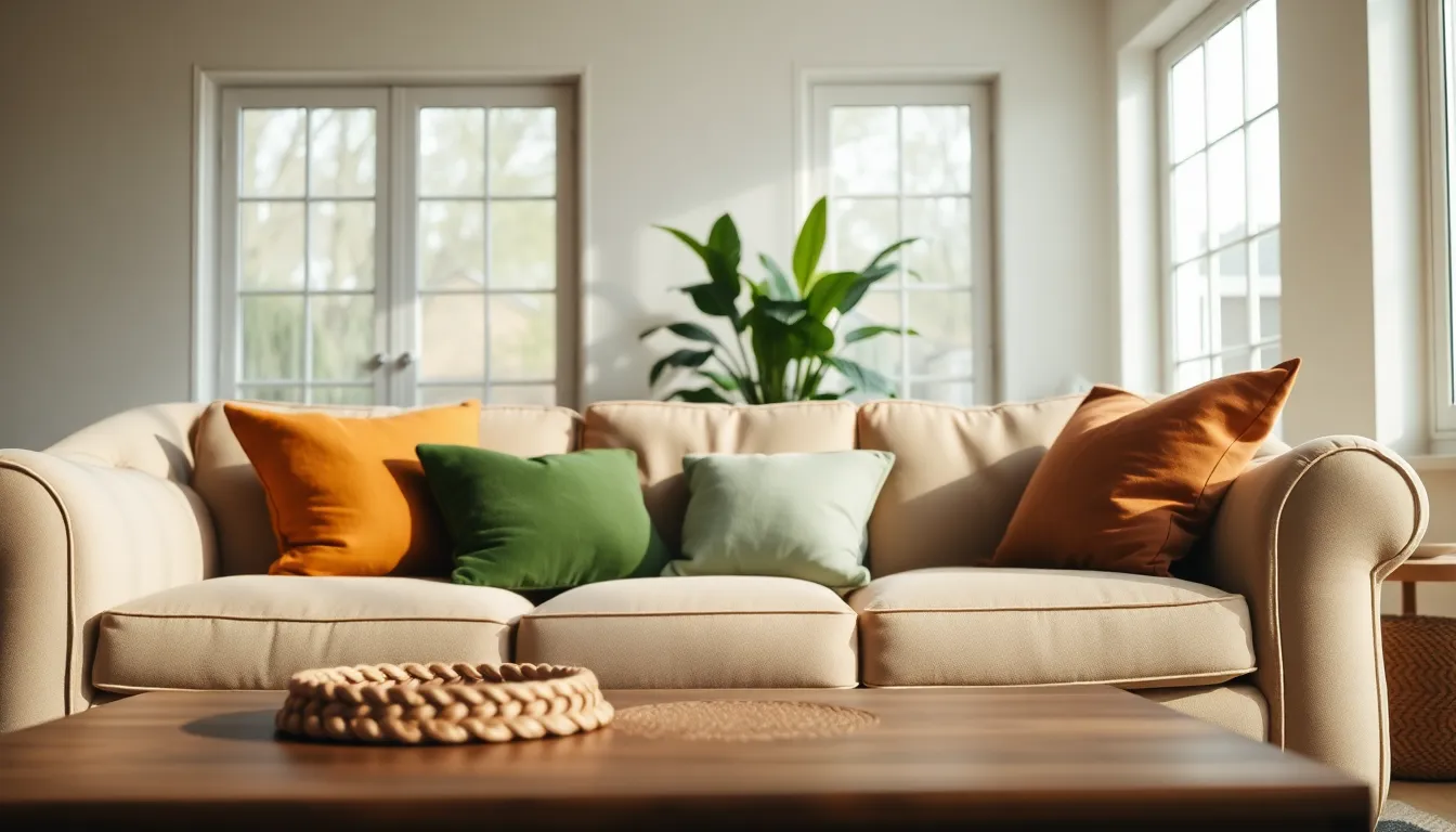 This image showcases a cozy living room, beautifully illuminated by overcast diffused daylight filtering through large windows. A plush beige sofa with colorful throw pillows is the focal point, contrasted by a wooden coffee table and vibrant greens from potted plants. The soft textures and warm color palette evoke a sense of comfort and relaxation, making it an ideal representation of modern interior design.