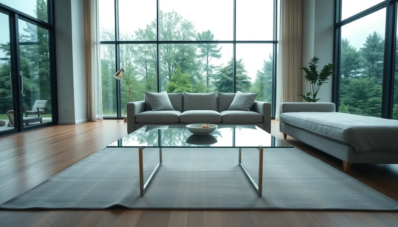 This modern living room embraces simplicity with its centered symmetrical layout, featuring a contemporary sofa and a sleek glass coffee table. Natural daylight floods the space through expansive windows, enhancing the rich colors and textures in the room. A soft linen rug contrasts beautifully with the wooden flooring, while deep greens and blues evoke a serene ambiance. The composition draws the eye to the harmony of elements, inviting relaxation and peaceful contemplation.
