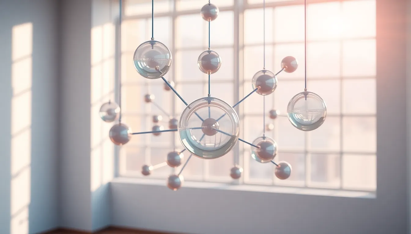 Interconnected Spheres in Soft Light This ethereal image depicts a series of interconnected spheres delicately suspended in mid-air. Bathed in soft daylight, the spheres project a sense of calmness, enhanced by their pastel colors of blue and pink. The use of hyperfocal distance allows for a clear view of every detail, making the composition engaging and inviting. With leading lines guiding the viewer's eye to the center, the image radiates tranquility and harmony.