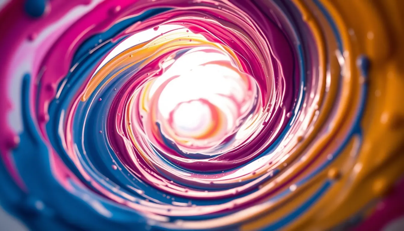 This image showcases a swirling vortex of colorful paint splashes, conveyed through a captivating telephoto lens. Soft, natural lighting emphasizes the vibrant hues of blue, pink, and yellow, creating a dreamy yet dynamic effect. The creamy bokeh in the background enhances the textured and glossy surface of the paint. The composition, utilizing the rule of thirds, draws the viewer into the movement and energy of this abstract scene.