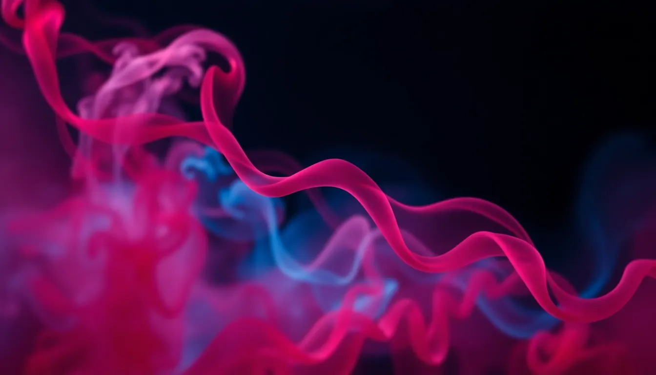 This captivating image captures the dynamic motion of swirling colored smoke in a studio setting. The loops of rich reds and deep blues contrast beautifully against a dark background, creating a sense of depth and movement. The dreamy bokeh effect enhances the abstract nature, inviting viewers to explore the intricate details of the smoke's texture. The composition dynamically draws the eye through the loops, emphasizing the artistic and ethereal qualities of the scene.