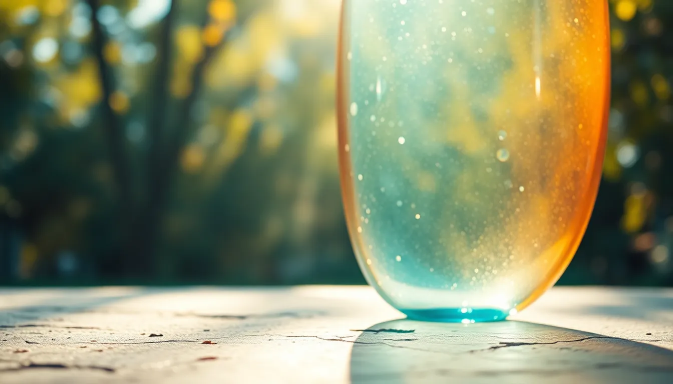 This striking image presents an abstract glass sculpture illuminated by dappled sunlight filtering through surrounding foliage. The soft background bokeh emphasizes the colorful interplay of light and shadow, creating a lively ambiance. Vibrant teal and orange hues create a warm mood, inviting viewers to explore the intriguing textures of both glass and nature. The composition adheres to the rule of thirds, ensuring the sculpture draws the eye effortlessly.