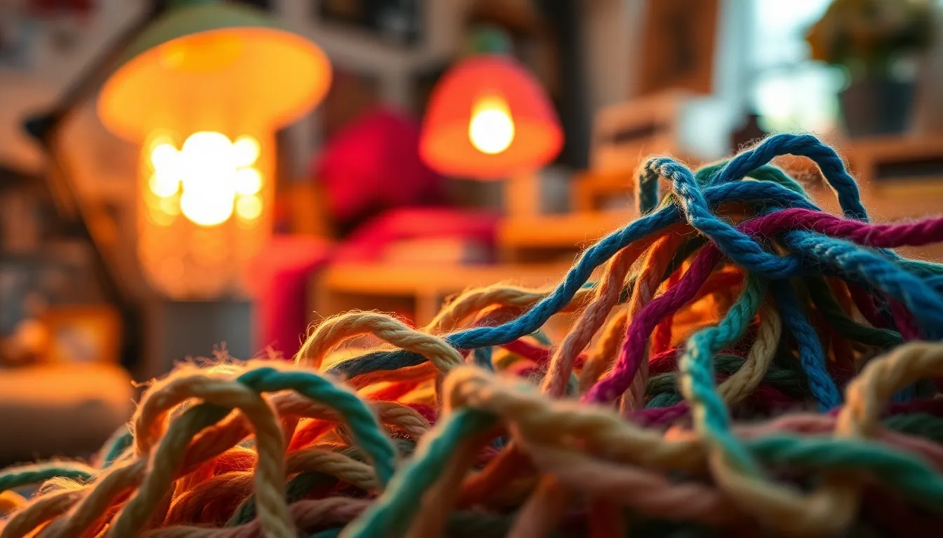 This close-up image features intricate loops of yarn in a cozy artist's workspace, illuminated by warm tungsten light. The vibrant colors and varied textures of the yarn come to life against a softly blurred background. Leading lines from the yarn draw the viewer's eye to the detail, creating a sense of depth and focus. The earthy and vibrant color palette adds warmth to the composition, evoking a cozy and creative atmosphere.