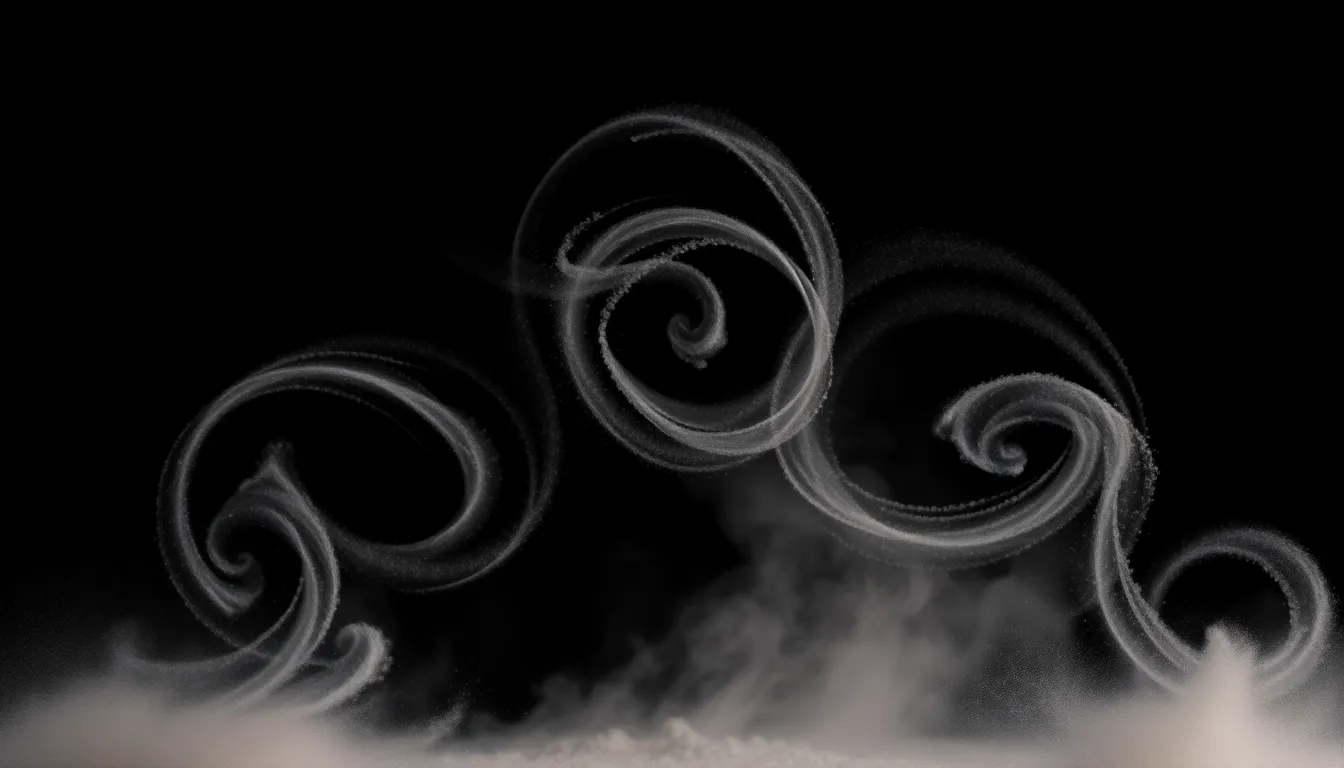 Swirling Chalk Dust Patterns in Abstract This striking image captures the swirling patterns of chalk dust in mid-air, highlighted by soft backlighting against a solid black background. The shallow depth of field emphasizes the intricate details of the swirling dust, creating an ethereal quality. The natural muted tones contrast beautifully with the dark backdrop. Centered in a symmetrical composition, the dynamic movement of the chalk dust creates an engaging abstract visual.