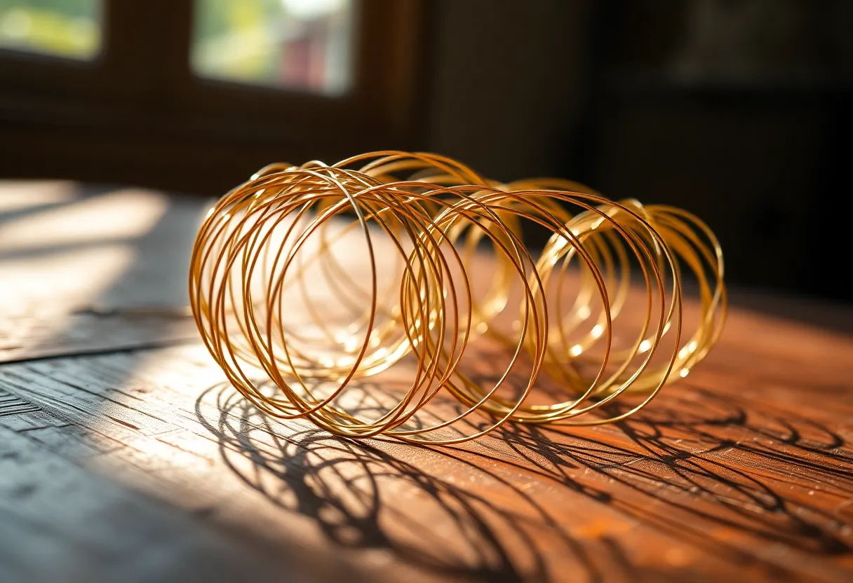 Golden Wire Loops on Wooden Surface