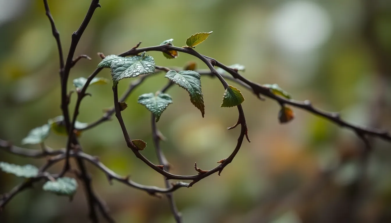 Nature-Inspired Leaf Loops This enchanting photograph captures the intricate details of nature-inspired loops formed by twisting vines and leaves, glistening with morning dew. Shot in soft overcast light, the image conveys a serene atmosphere, with the natural muted colors bringing out the essence of the materials. The shallow depth of field highlights the textures of the leaves, while the blurred background softly complements the subject. The careful composition guides the viewer's eye through the graceful curves of the loops, creating a soothing visual experience.