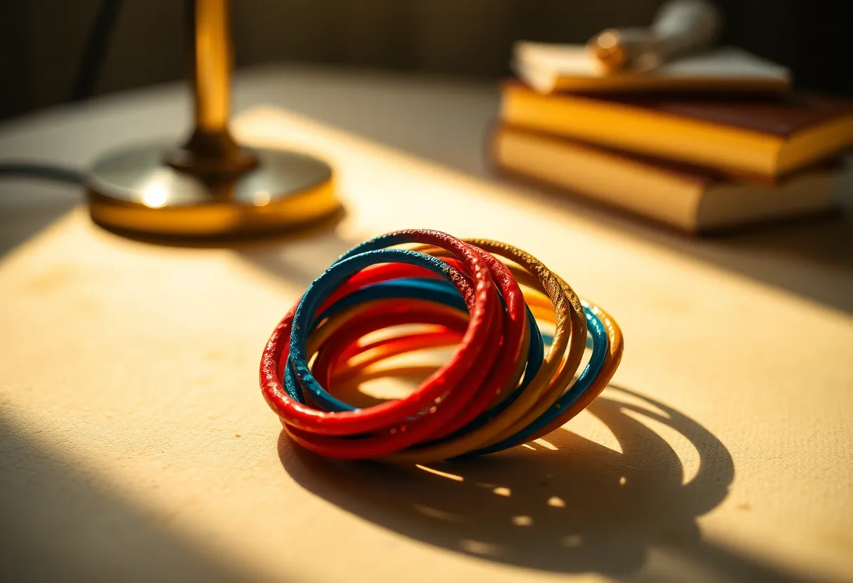 This colorful image captures a dynamic arrangement of vibrant paints in spiraled loops, showcasing rich texture and color. The warm glow from a nearby lamp highlights the thick, luscious paint, while soft shadows add depth. Using a shallow depth of field, the focus on the paint loops draws the viewer in, making the colors pop against the creamy background. The slightly off-center composition adds visual interest, inviting exploration of each paint's unique hue and tactile quality.