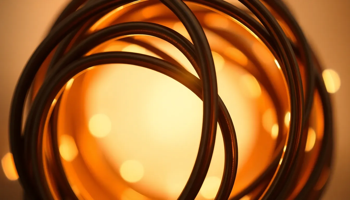 This detailed macro photograph presents an intricate arrangement of metallic wire loops, beautifully illuminated by warm tungsten light. The shallow depth of field emphasizes the complexity of the texture while inviting soft contrasts through the Kodak Portra 400 color palette. The symmetrical composition draws the viewer's attention to the fine details, accentuating the delicate grooves and reflective surfaces of the wire. This image speaks to the beauty of industrial design, making it a perfect fit for contemporary art collections.