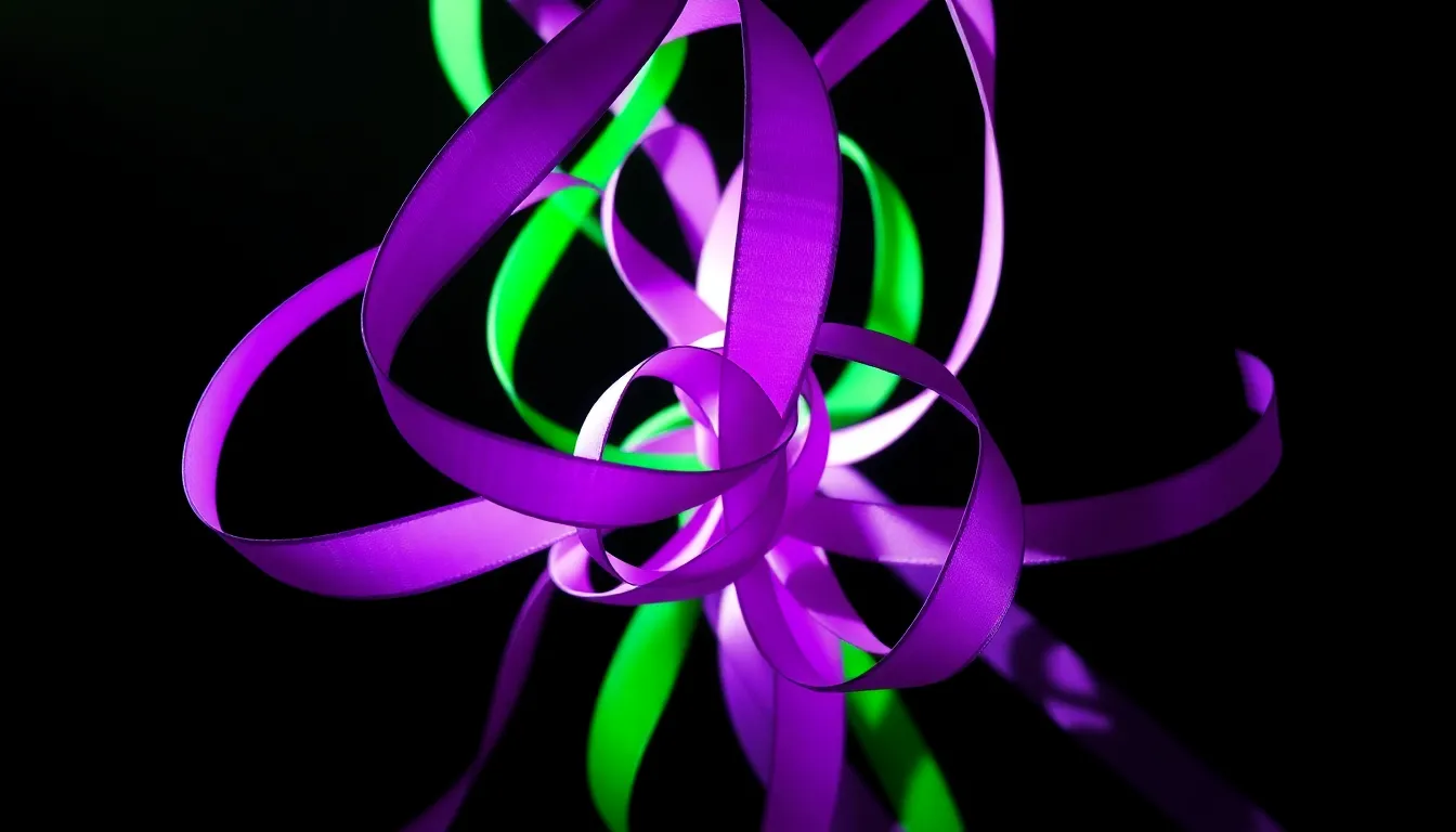 This vibrant image features a central arrangement of colorful satin ribbons gracefully looping and twisting in playful formations. The dramatic studio lighting casts sharp shadows, enhancing the vivid purples and greens of the ribbons. With a shallow depth of field, the focus is drawn to the intricate details and textures of the satin as it catches the light. This symmetrical composition radiates whimsy and creativity, making it an excellent choice for artistic projects and commercial displays.