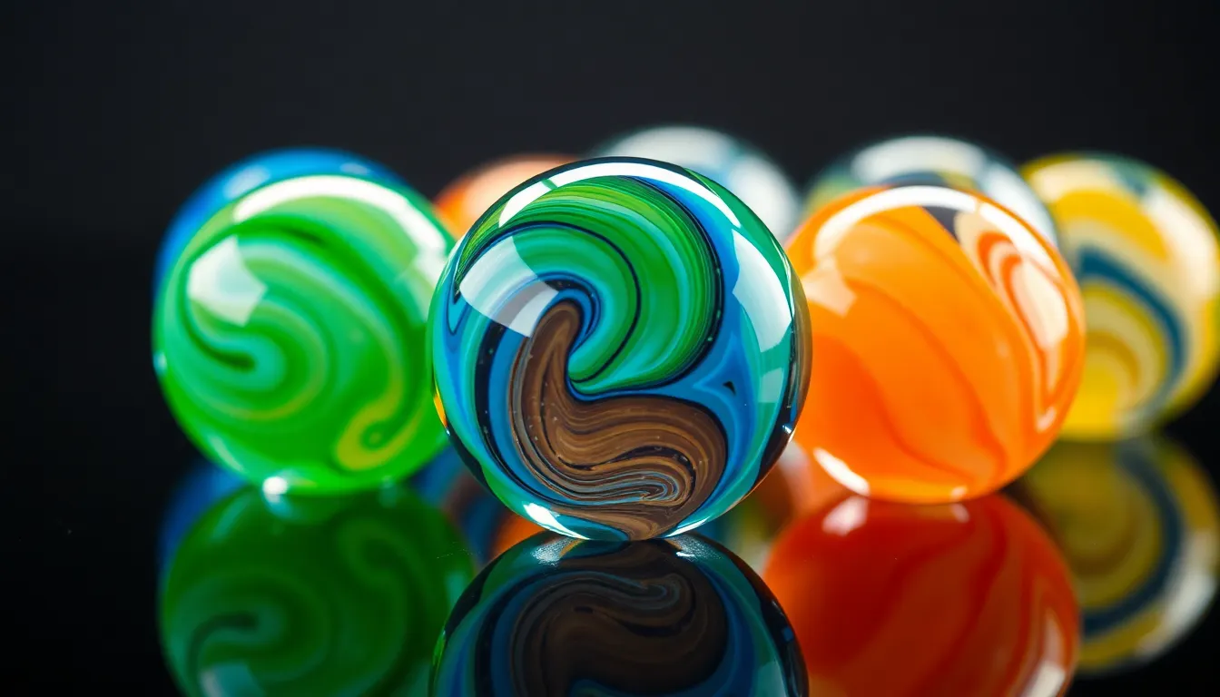This vibrant image captures an artistic arrangement of colorful glass marbles, each displaying unique swirling patterns that create abstract loops. The glossy surfaces reflect light beautifully, while the polished black background enhances the colors. The composition is strategically arranged using the rule of thirds, making it an engaging piece for abstract lovers.