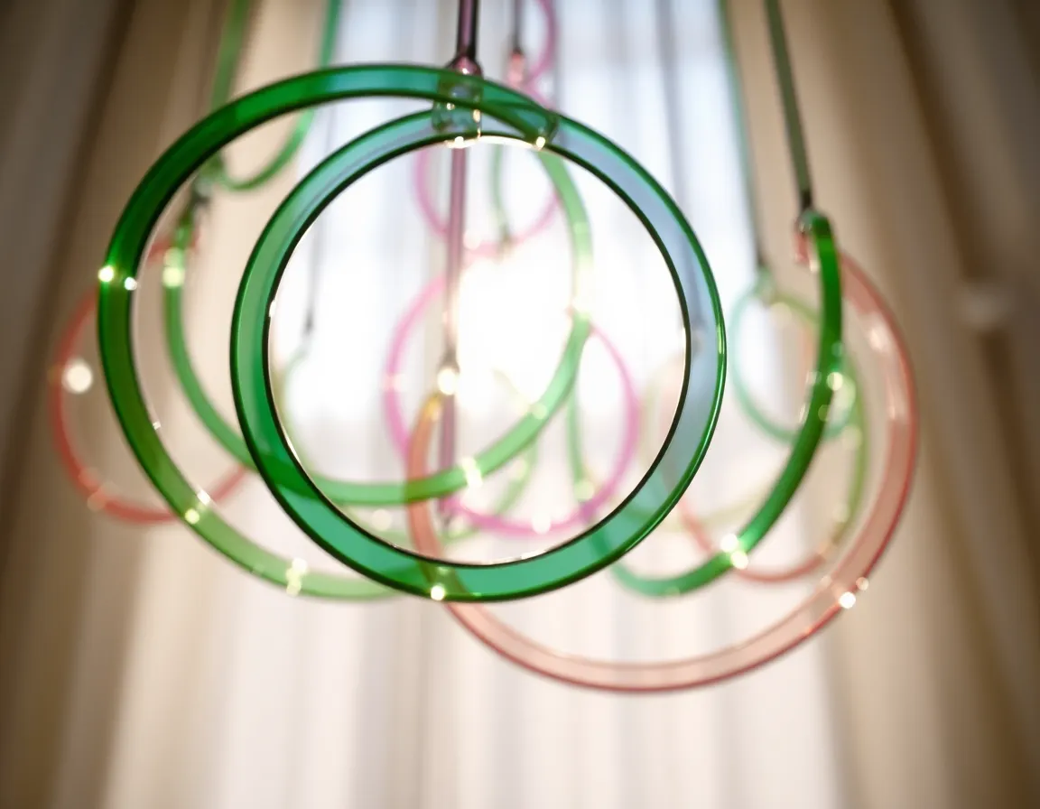 This ethereal image showcases an artistic installation of colored glass loops, beautifully illuminated by soft, diffused daylight. The interplay of light and color creates a mesmerizing effect, with pastel greens and pinks refracting through the glass. The shallow depth of field draws attention to the sharp foreground, while the background softly fades, enhancing the dreamy quality of the scene. The symmetrical composition adds to the elegance, inviting viewers to appreciate the tranquility and beauty of the artwork.