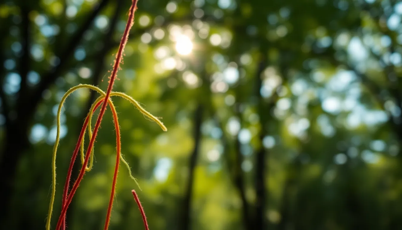 This enchanting image captures the beauty of nature through abstract loops of colored fibers, illuminated by dappled sunlight. The selective focus highlights the vibrant textures against a softly blurred background, creating an ethereal effect. The natural muted tones blend harmoniously, eliciting a sense of tranquility. Placed within the rule of thirds, these loops convey an organic elegance, making this photograph ideal for those seeking to explore the intersection of nature and abstract art.
