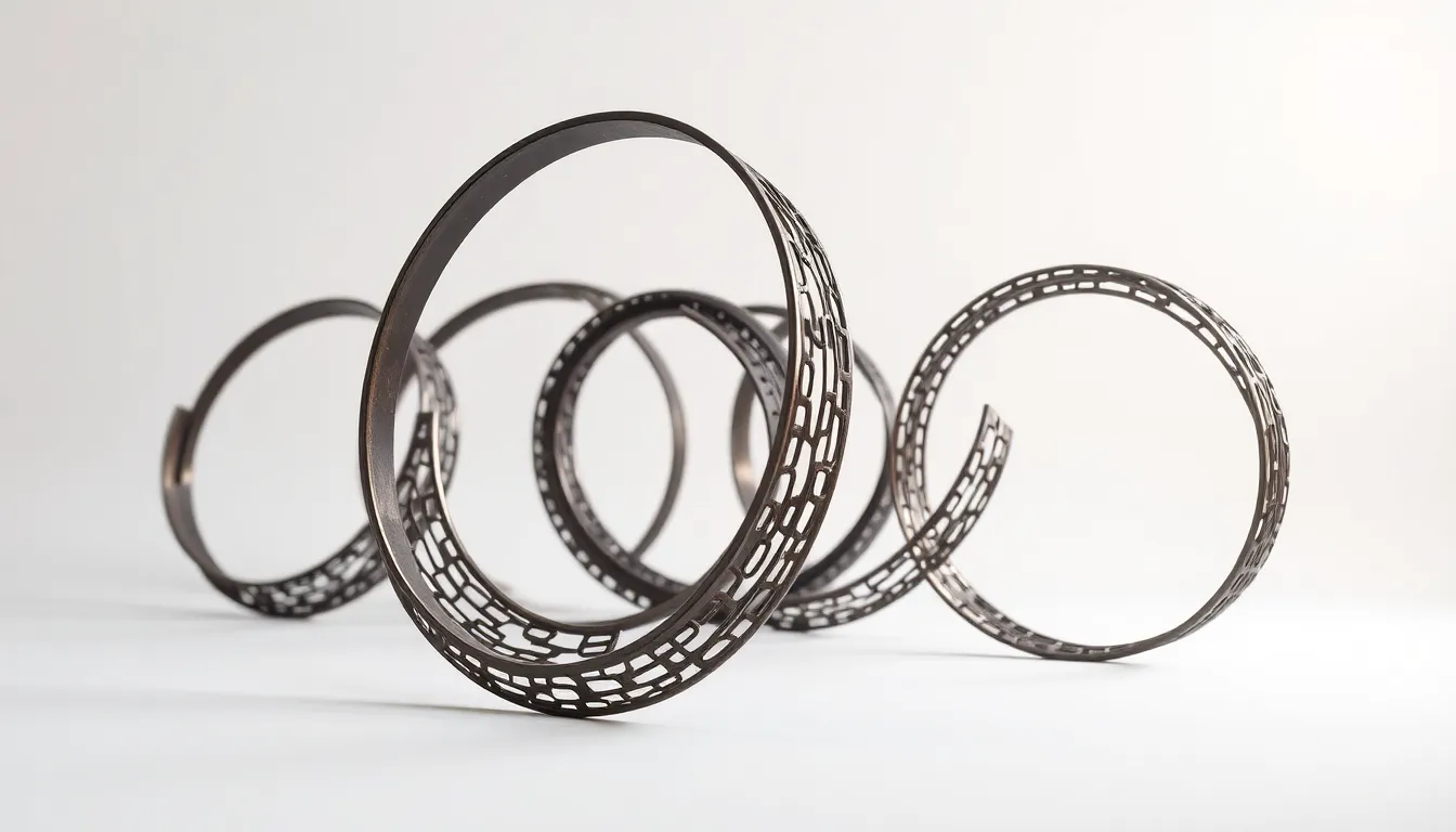 Metallic Loop Sculpture in Studio An elegant photographic representation of metallic loop sculptures set in a controlled studio environment. The three-point lighting reveals intricate surface textures and reflections, enhancing the mood of calm sophistication. The hyperfocal depth of field preserves clarity throughout the scene, allowing every detail to shine. With a focused composition using the rule of thirds, the captivating design of the sculptures contrasts beautifully with their minimalist setting.