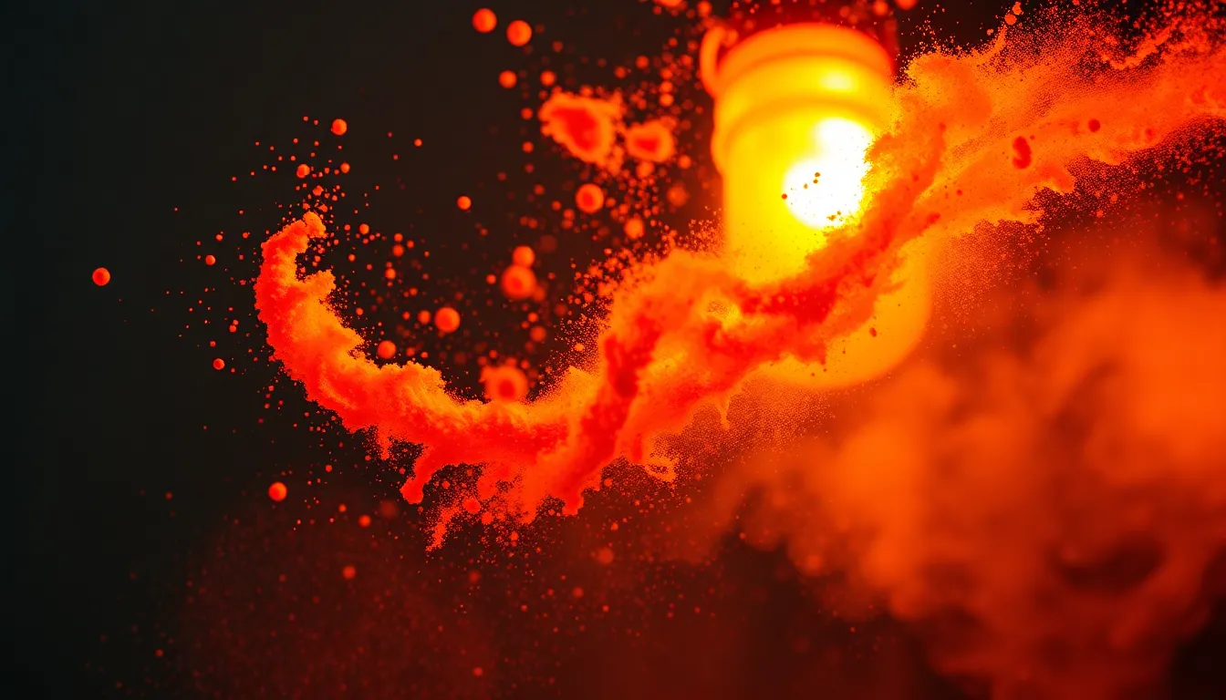 This vibrant image illustrates a mesmerizing swirl of colored powders caught in mid-air, illuminated by warm tungsten light. The energetic motion is accentuated by the dynamic diagonal composition, drawing the viewer's eye through the explosion of oranges, yellows, and reds. With a shallow depth of field, the focus on the swirling powders creates a striking contrast against a blurred background, enhancing the overall sense of movement and artistry.