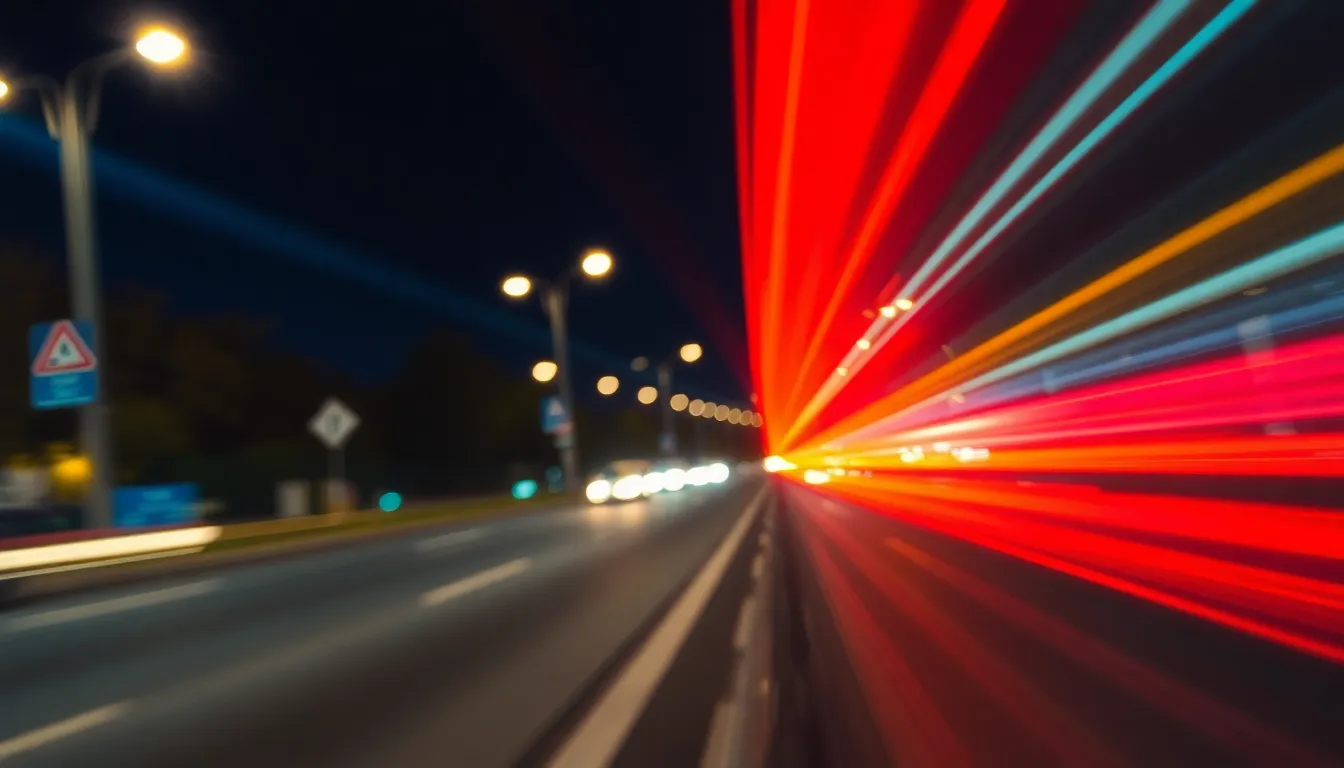 A striking abstract image featuring dynamic light trails created by moving cars at night. The vibrant hues of red and yellow streak across the deep blue background, encapsulating a sense of speed and movement. The Dutch angle composition adds an edge to the scene, inviting viewers to experience the thrill of nighttime urban life. This captivating portrayal of light and motion highlights the beauty of cityscapes after dark.