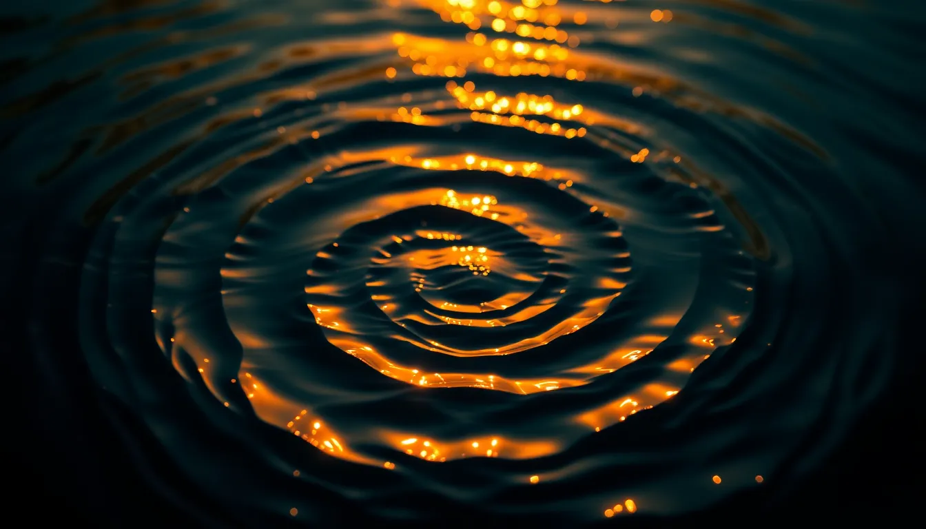 A mesmerizing abstract image depicting radiant spirals created by reflections on calm water during golden hour. The warm oranges blend seamlessly with cool blues, establishing a serene yet vibrant mood. Leading lines guide the viewer's eye through the spirals, enhancing the dynamic feel of the composition. The texture of the water adds depth, with shimmering highlights that evoke a sense of tranquility.