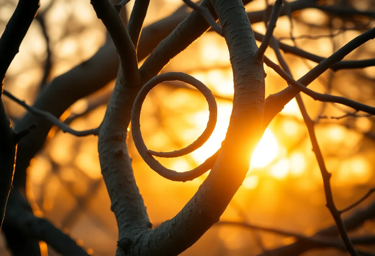 This enchanting photograph captures the intricate loops of intertwined branches bathed in the soft, warm glow of golden hour light. The natural backlighting creates an ethereal rim around the branches, emphasizing their texture and form. With a shallow depth of field, the background fades into a dreamlike bokeh, allowing the viewer to focus on the organic beauty of the loops. The earthy color palette enhances the serene and tranquil mood of the scene, inviting contemplation of nature's art.
