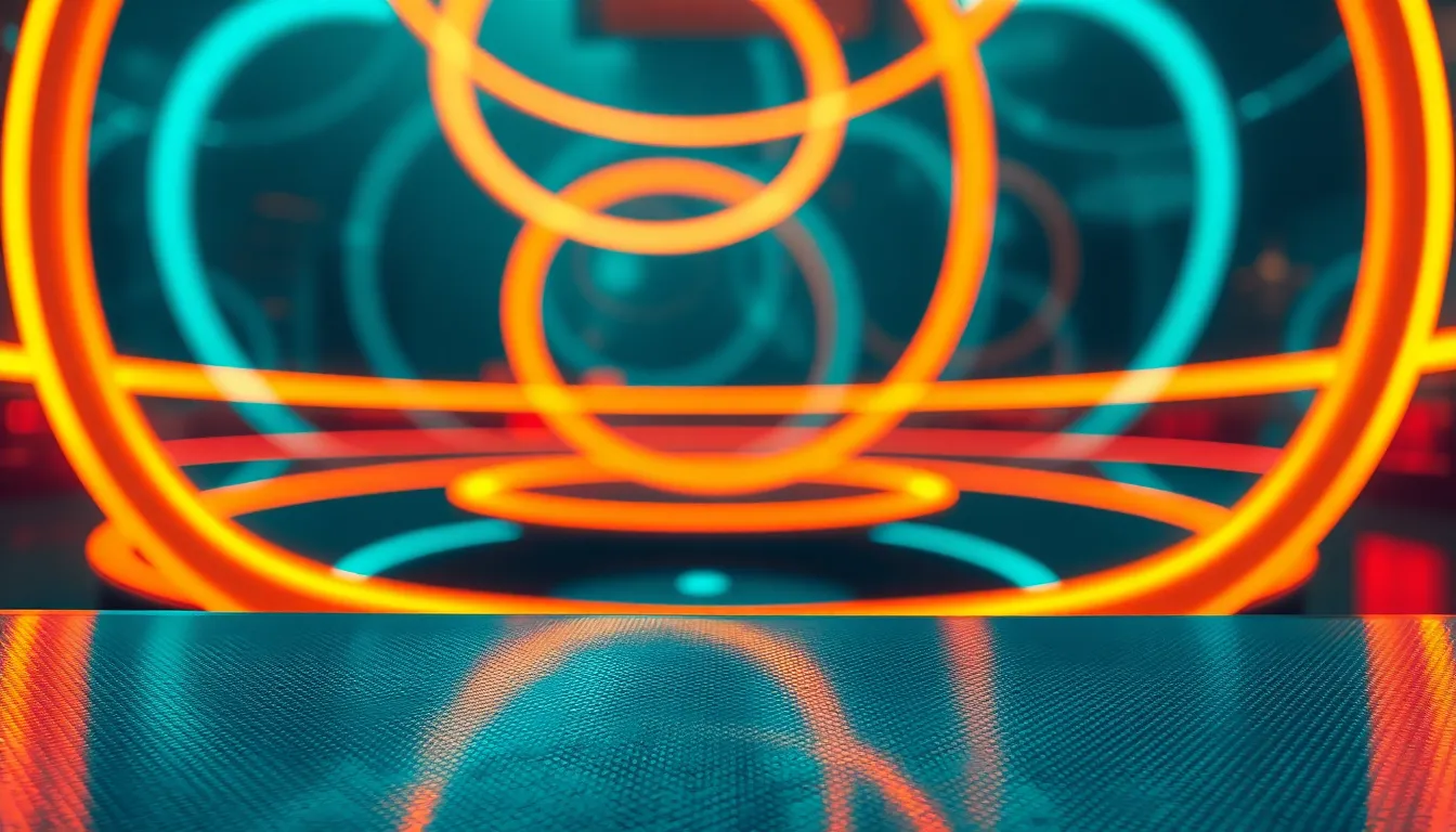 This captivating image showcases an abstract geometric landscape filled with dynamic loops illuminated by striking neon lights. The composition, enhanced by leading lines, creates a sense of depth and movement as the eye follows the vibrant patterns. The cinematic teal and orange color grading adds a dramatic flair, while the textured glass surface reflects the neon hues. This artwork resonates with a modern, futuristic aesthetic, making it ideal for tech-themed designs.