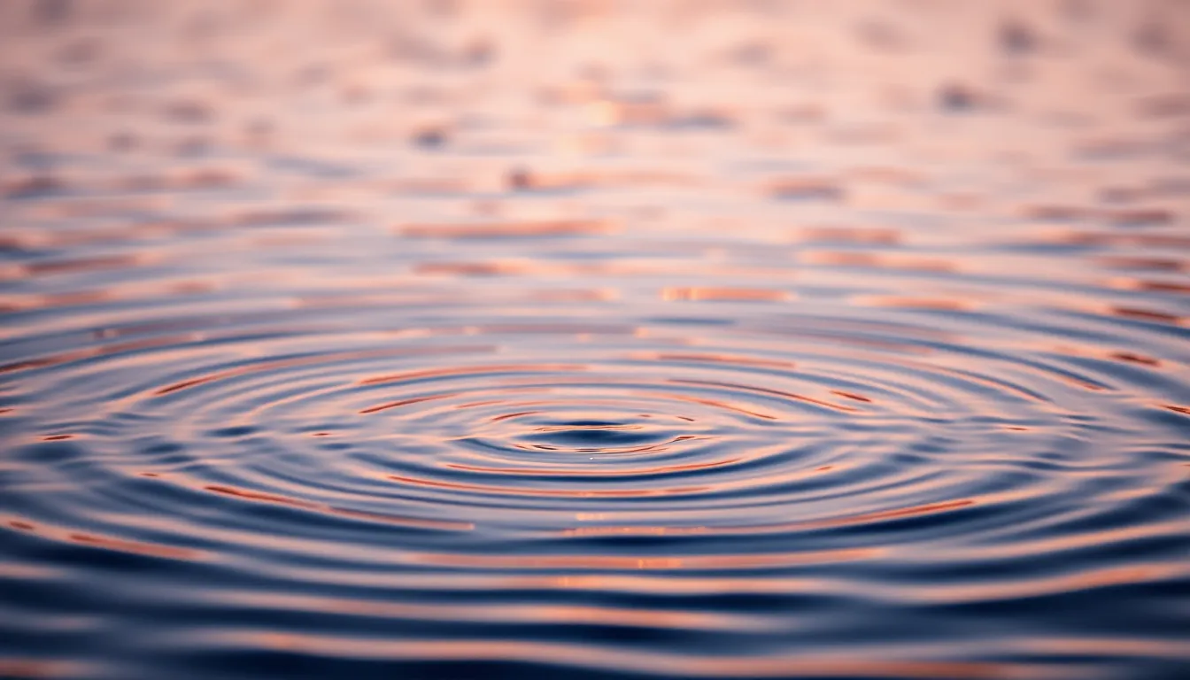 This serene image showcases the delicate patterns of ripples on a calm water surface illuminated by twilight hues. The soft purple and blue tones create a tranquil atmosphere, while the dynamic light reflections add life to the scene. The shallow depth of field draws attention to the closest ripples, enhancing the overall dreamlike quality of the image. The composition's leading lines effectively guide the viewer's gaze across the water, inviting exploration.