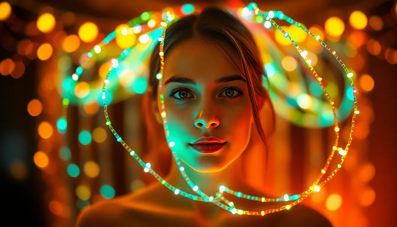 Illuminated Fiber Optic Loops A stunning photograph showcasing illuminated fiber optic loops, beautifully captured during the golden hour. The warm rim light enhances the vibrant colors of the strands, creating an ethereal effect. The shallow depth of field emphasizes the delicate details of the loops, while the soft background bokeh invites viewers to lose themselves in this abstract visual. The symmetrical composition adds to the harmony of the image, making it a perfect representation of vibrant creativity.