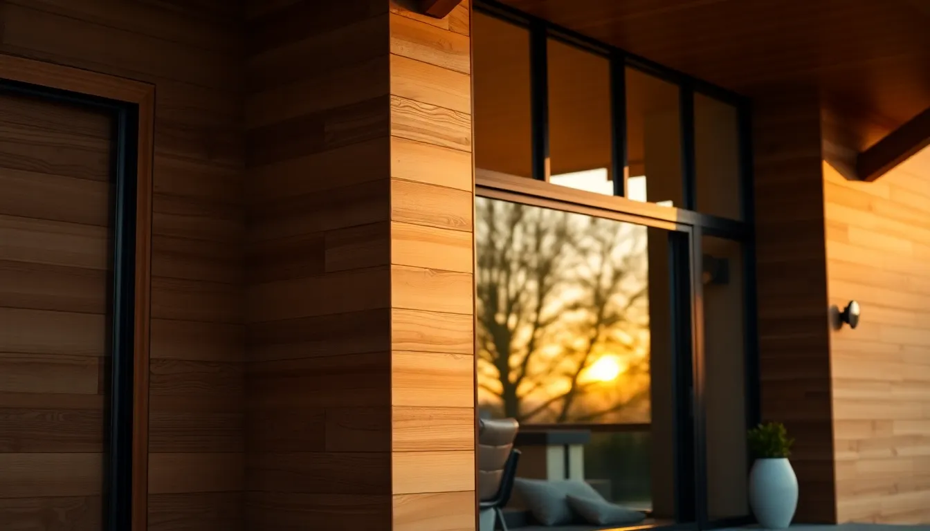 Stunning Modern Luxury Home Facade This image features a contemporary luxury home that showcases elegant design at golden hour. The warm backlight highlights the intricate textures of the wooden facade and glass accents, creating a stunning visual contrast. The carefully composed scene draws the viewer's attention to the unique architecture, paired with subtle greenery in the background. The inviting atmosphere exudes tranquility, perfect for a high-end real estate portfolio.