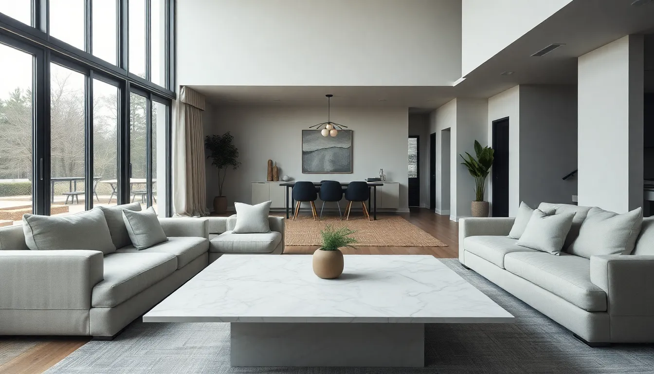 Experience the tranquility of this modern living room where plush seating meets minimalist design. The overcast daylight softly illuminates the space through expansive floor-to-ceiling windows, creating an inviting atmosphere. A sleek marble coffee table anchors the room, while soft linen cushions invite relaxation. The composition emphasizes symmetry, leading the viewer's eye through the space's calming, muted color palette.