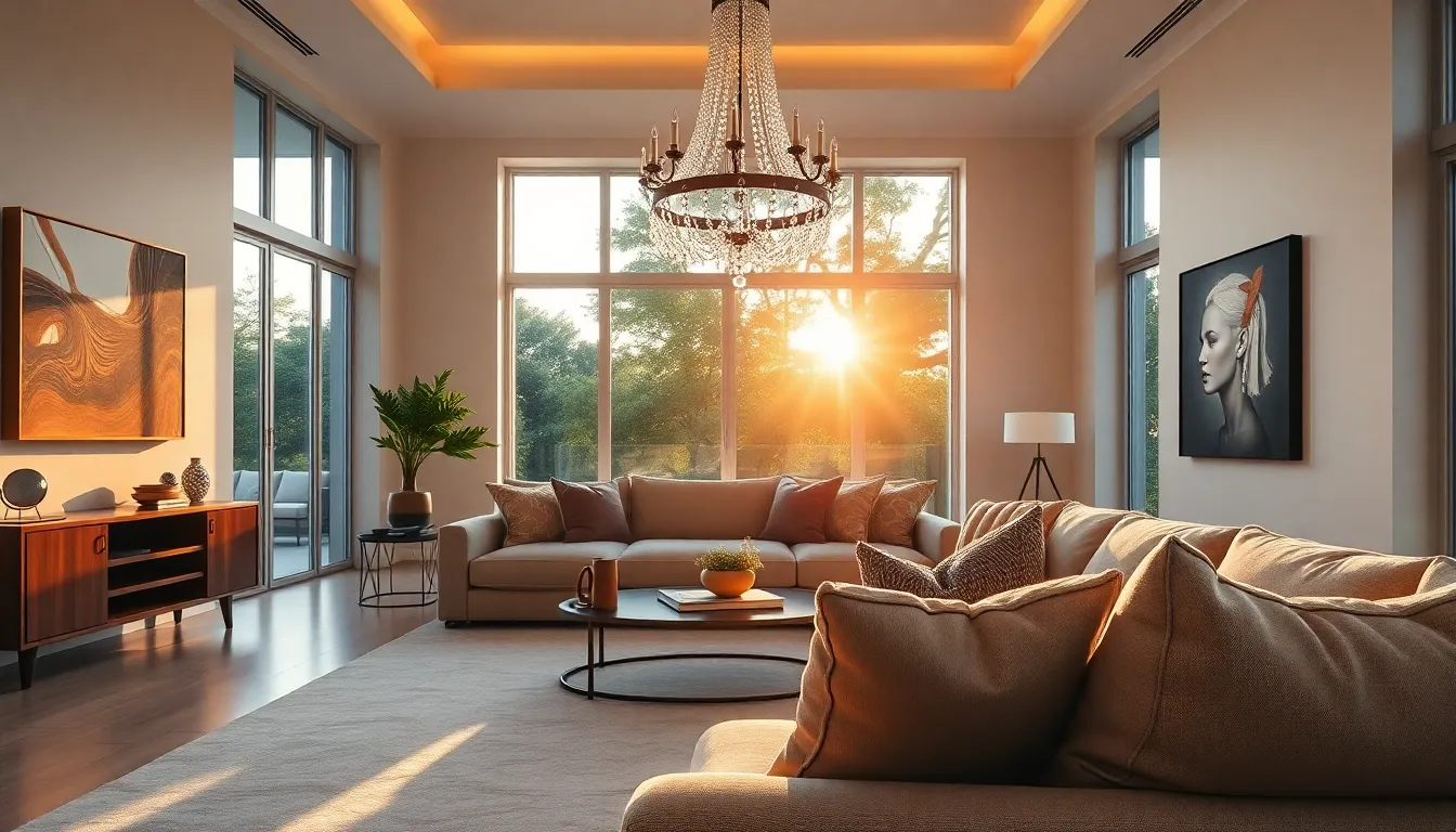 Experience the elegance of this luxurious living room, bathed in the warm glow of golden hour. Large floor-to-ceiling windows create an inviting ambiance, while a plush velvet sofa and modern art pieces reflect contemporary design. The interplay of soft beige tones with rich gold accents enhances the opulent atmosphere. Perfectly composed, this scene invites viewers to envision themselves in a warm, stylish sanctuary.