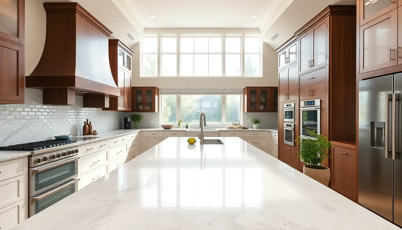 This image showcases a sophisticated kitchen that embodies modern elegance and functionality. The spacious layout, coupled with natural light flooding in, highlights the high-end materials used, including marble and stainless steel. Clean lines and minimalist décor create a serene atmosphere, making it an ideal space for culinary creativity. The focus on texture and detail invites viewers to appreciate the craftsmanship and thoughtfulness of the design.