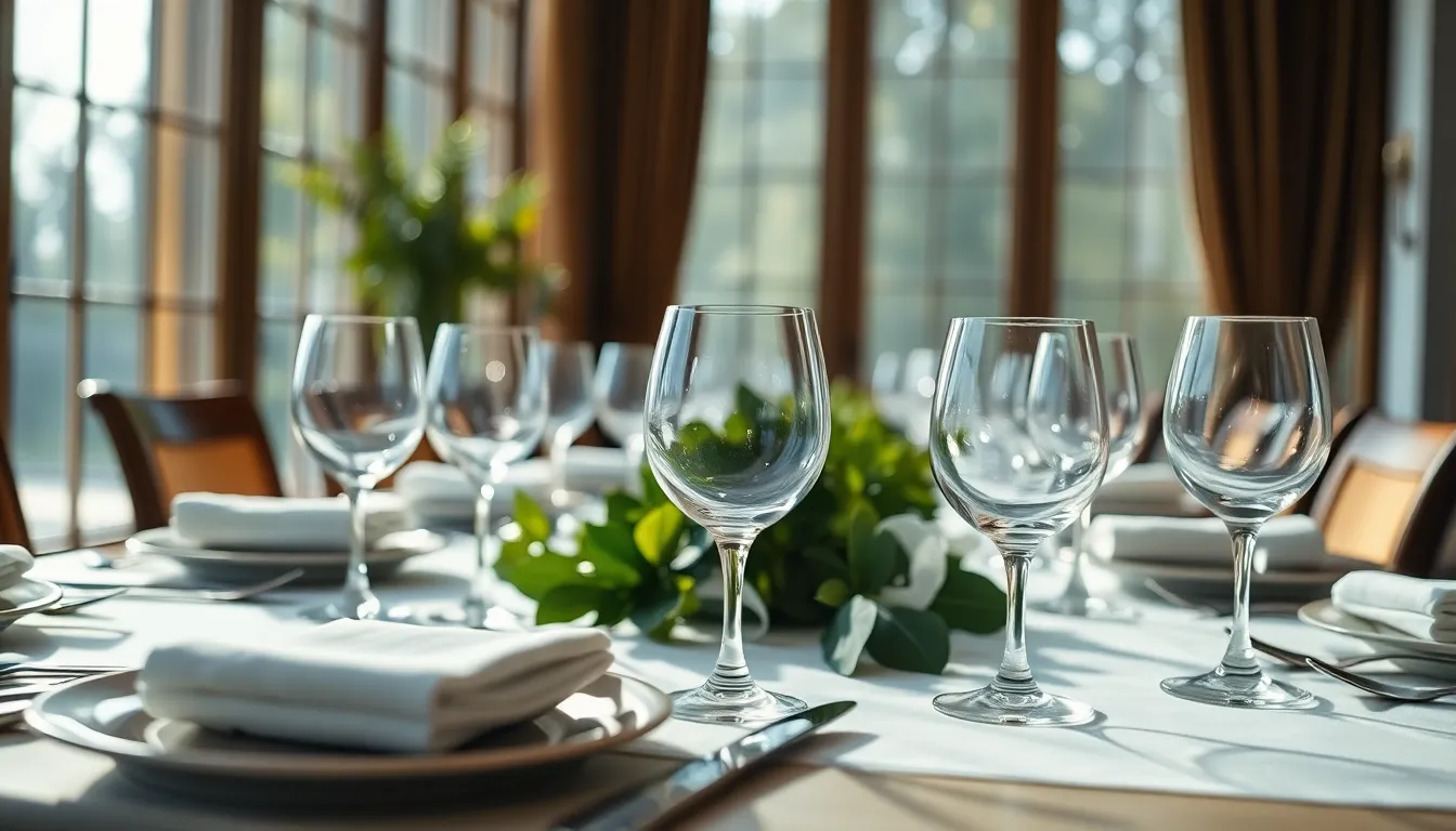 This exquisite close-up image showcases a luxurious dining table, perfectly set for a gourmet meal. Natural daylight pours in through large windows, illuminating the elegant tableware and creating soft reflections on the glass. The sophisticated color palette combines elegant whites with deep greens from fresh foliage, enhancing the refinement of the entire setting. With intricate textures and a carefully arranged composition, this scene invites viewers to imagine a lavish dining experience.