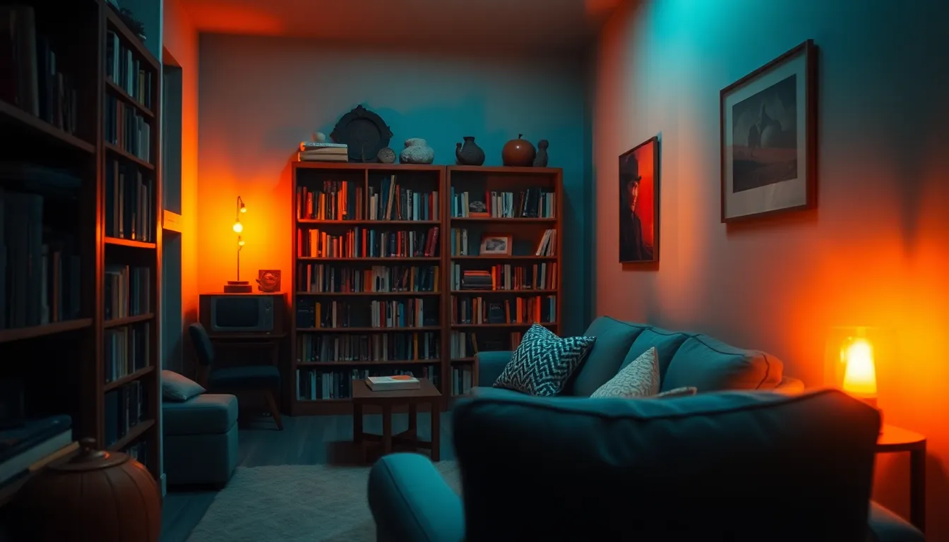 This inviting image transports viewers to a cozy reading nook within a luxury home. The glow of firelight creates warm shadows that dance across the walls, while the plush seating and overflowing bookshelf create an atmosphere of comfort and relaxation. The cinematic teal and orange color grading accentuates the warmth of the wooden textures, inviting you to curl up with a good book in this thoughtfully designed space.