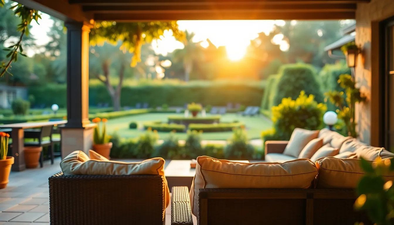 This luxurious outdoor patio offers a serene escape, featuring plush seating that invites relaxation while overlooking a beautifully manicured garden. Captured during golden hour, warm backlighting accentuates the textures of the furniture and the vibrant greenery. The soft greens and warm earth tones in the color palette create an inviting atmosphere. A shallow depth of field ensures the seating area remains sharp, while the composition uses the rule of thirds, placing the seating at a power point to enhance visual interest.